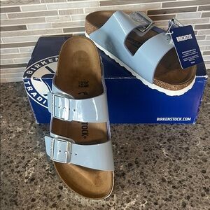 Birkenstock Arizona, Birko-Flor, Patent Dove Blue, size 38N, (W-7, M-5) NIB